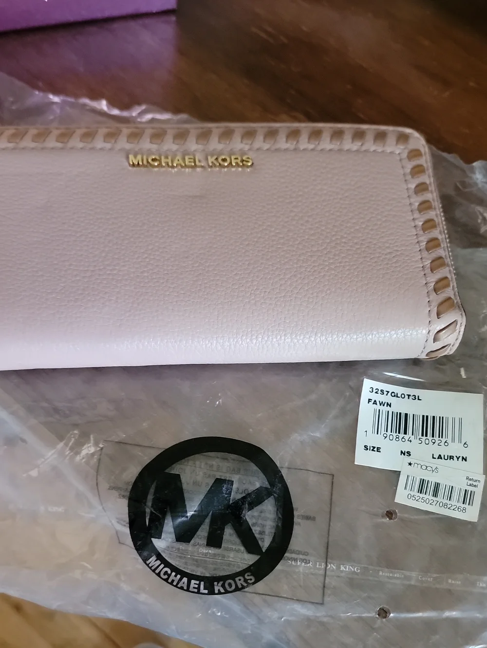 Michael Kors Fawn/Pale Pink Zip-Around Wallet with Gold Logo